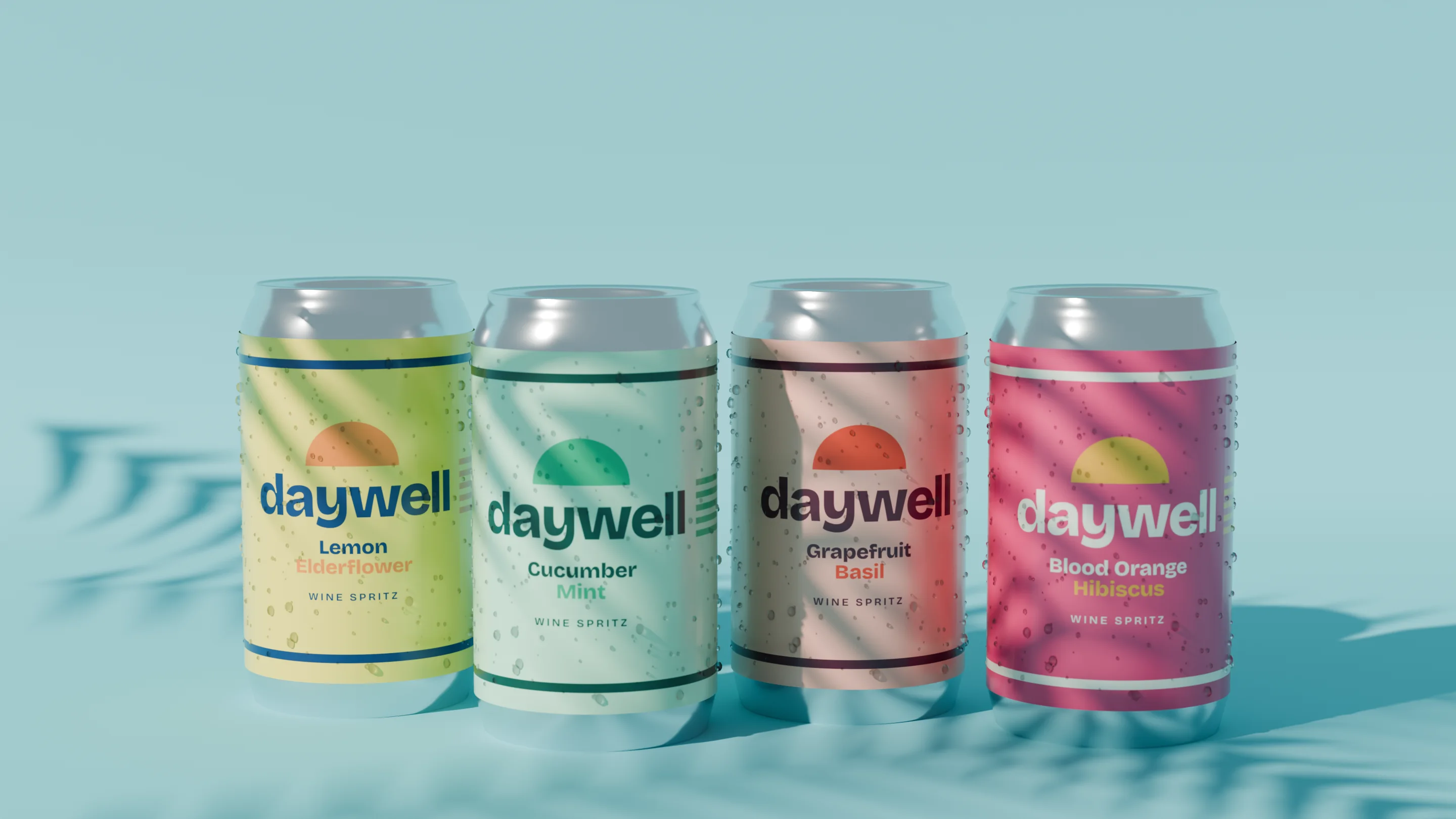 All four Daywell cans in the sun with palm-leaf shadows