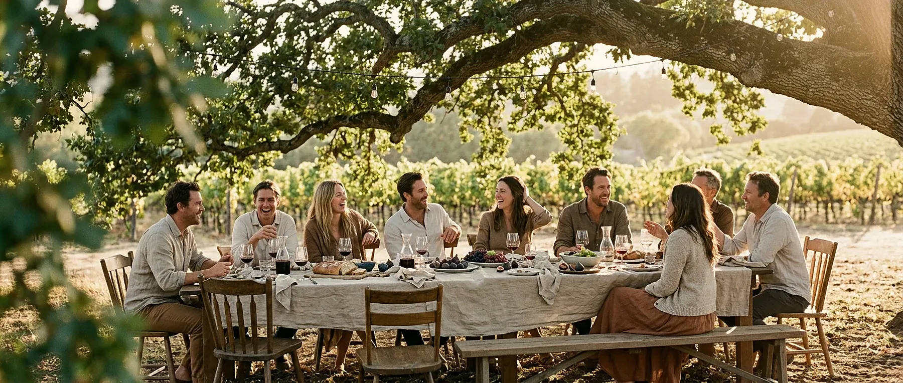 The picking crew at a long harvest lunch table under an oak