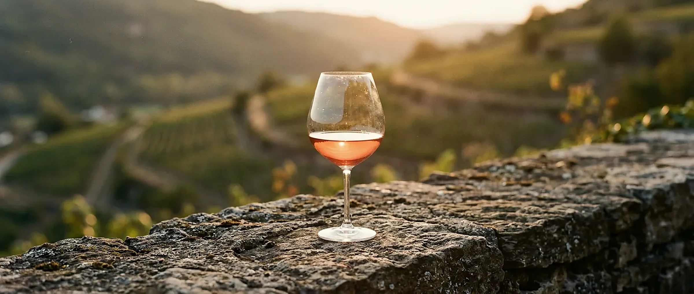 A glass of rosé on a stone wall high above the Wrenfield blocks