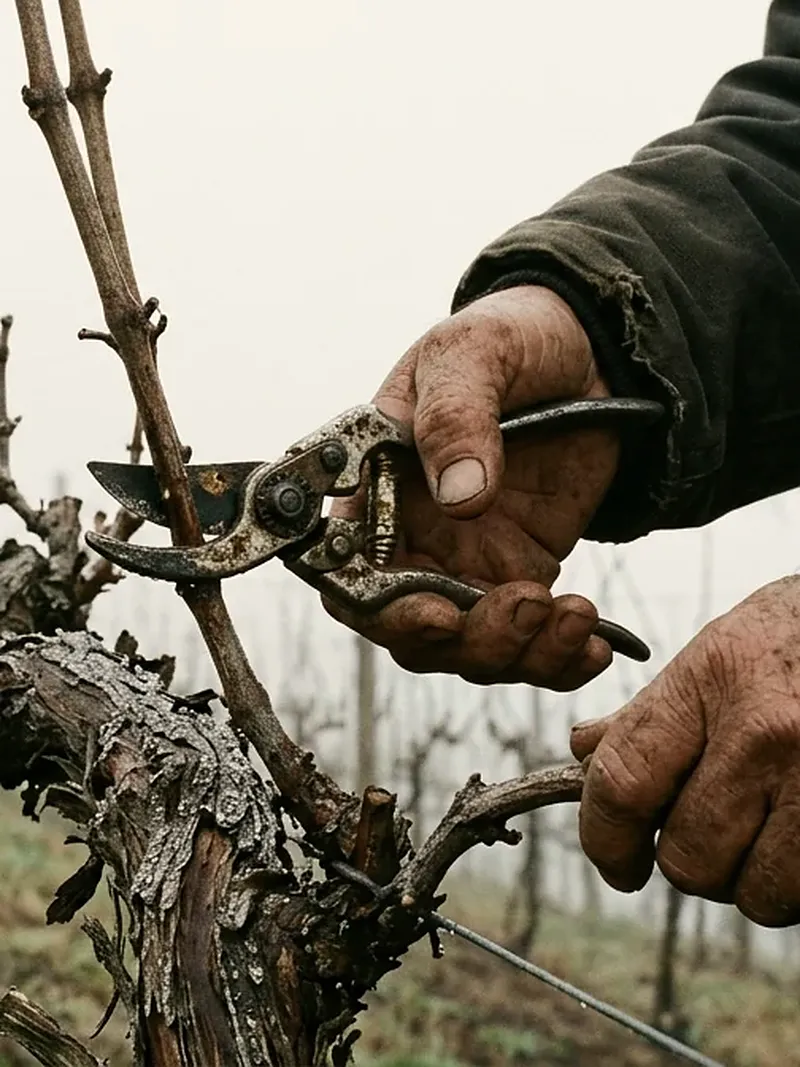 Hands pruning a gnarled Pinot Noir vine in winter