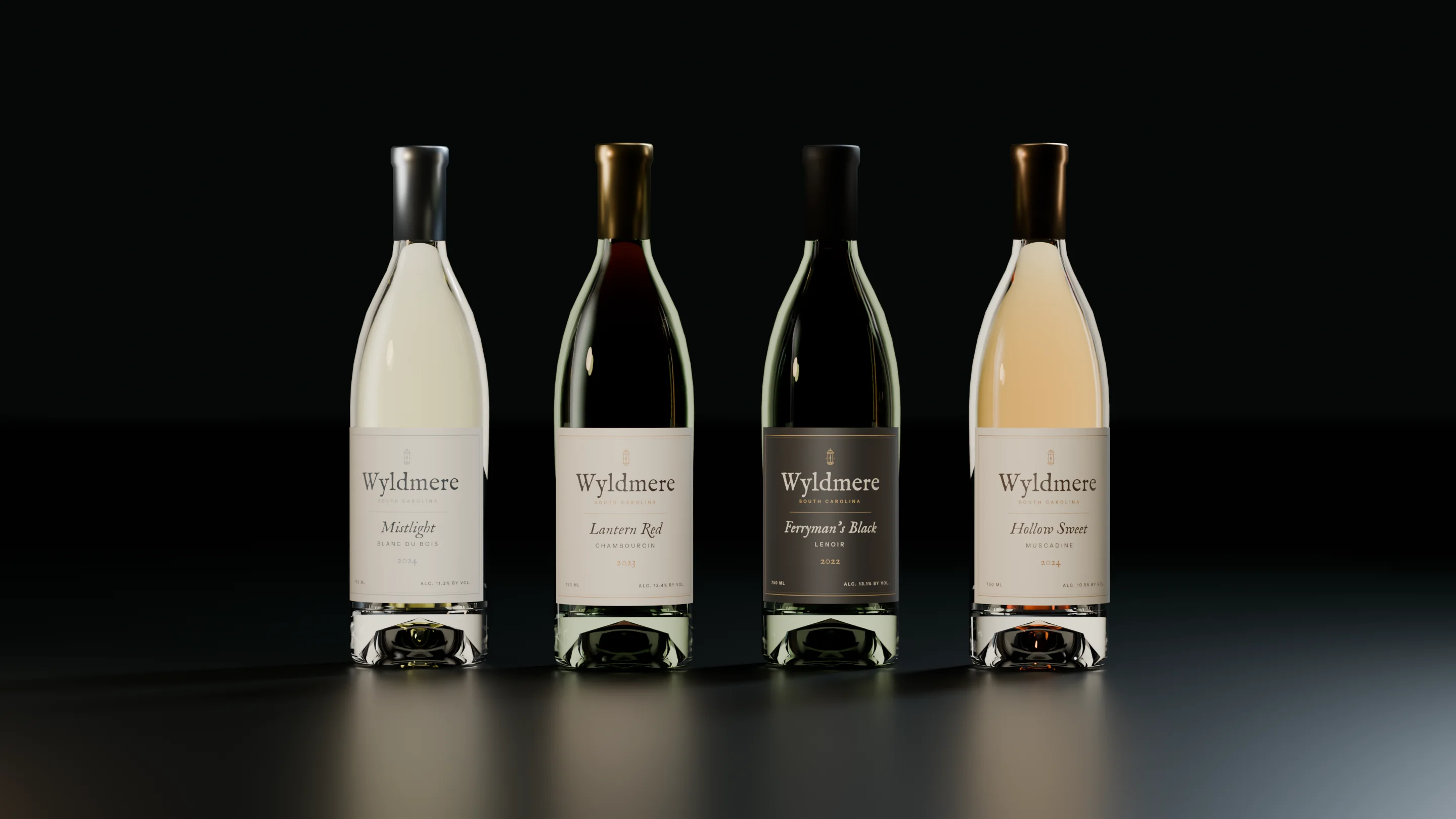 The four Wyldmere wines: Mistlight, Lantern Red, Ferryman's Black and Hollow Sweet