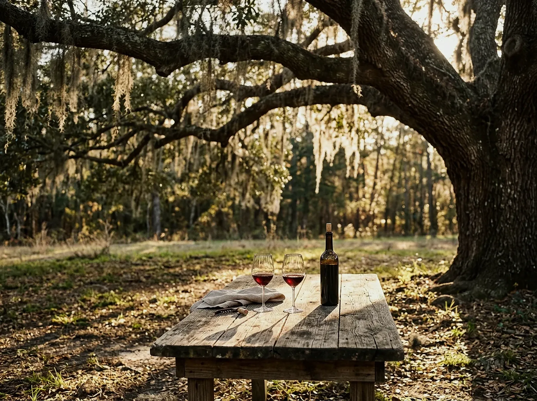 A plank table with two glasses and a bottle under a moss-hung live oak
